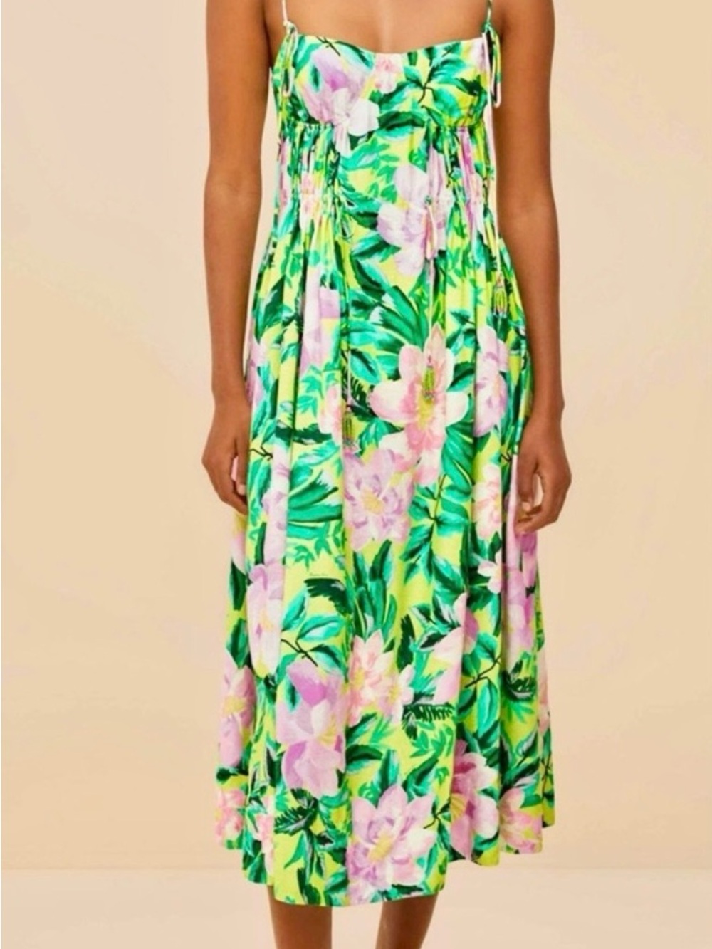FARM Rio Yellow Tropical Floral Midi Dress with Pink & Green Accents